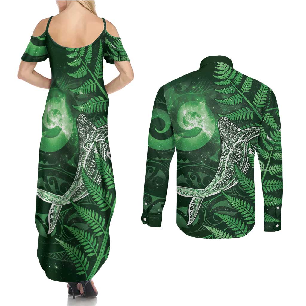 New Zealand Matariki Couples Matching Summer Maxi Dress and Long Sleeve Button Shirt Maori Koru With Humpback Whale Green LT05 - Polynesian Pride
