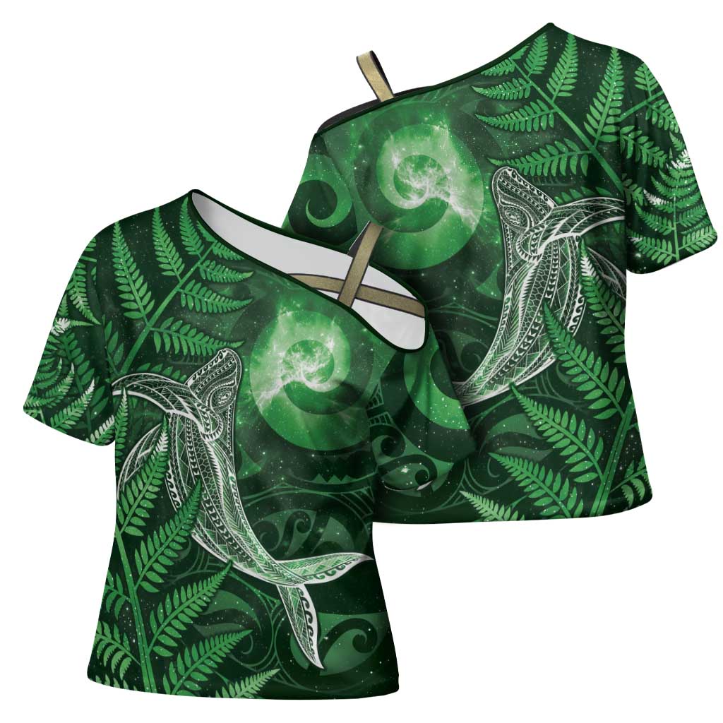 New Zealand Matariki Cross Shoulder Shirt Maori Koru With Humpback Whale Green