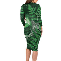 New Zealand Matariki Family Matching Long Sleeve Bodycon Dress and Hawaiian Shirt Maori Koru With Humpback Whale Green LT05 - Polynesian Pride