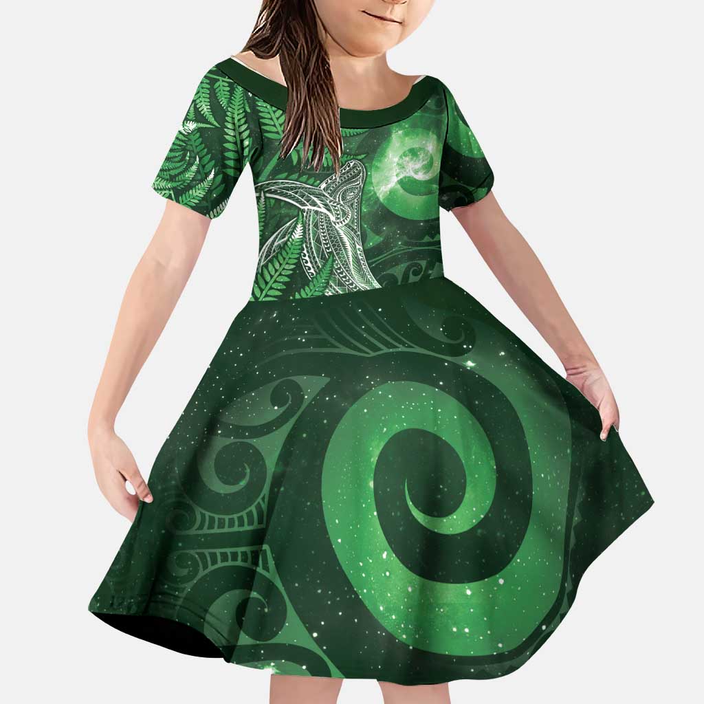 New Zealand Matariki Family Matching Mermaid Dress and Hawaiian Shirt Maori Koru With Humpback Whale Green LT05 Daughter's Dress Green - Polynesian Pride