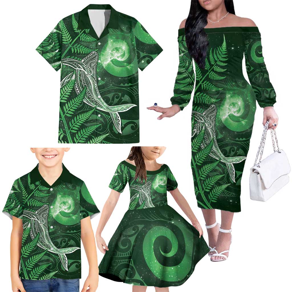 New Zealand Matariki Family Matching Off The Shoulder Long Sleeve Dress and Hawaiian Shirt Maori Koru With Humpback Whale Green