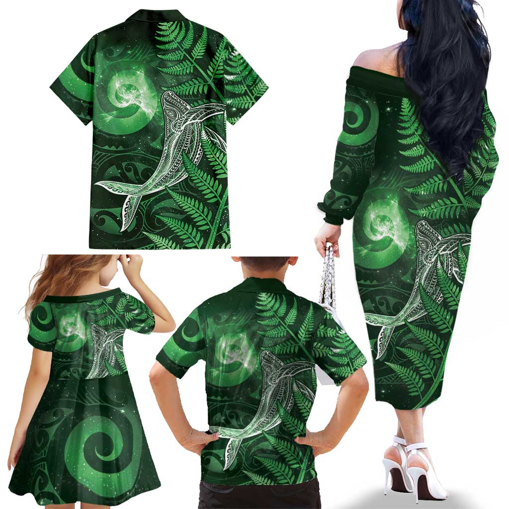 New Zealand Matariki Family Matching Off The Shoulder Long Sleeve Dress and Hawaiian Shirt Maori Koru With Humpback Whale Green LT05 - Polynesian Pride