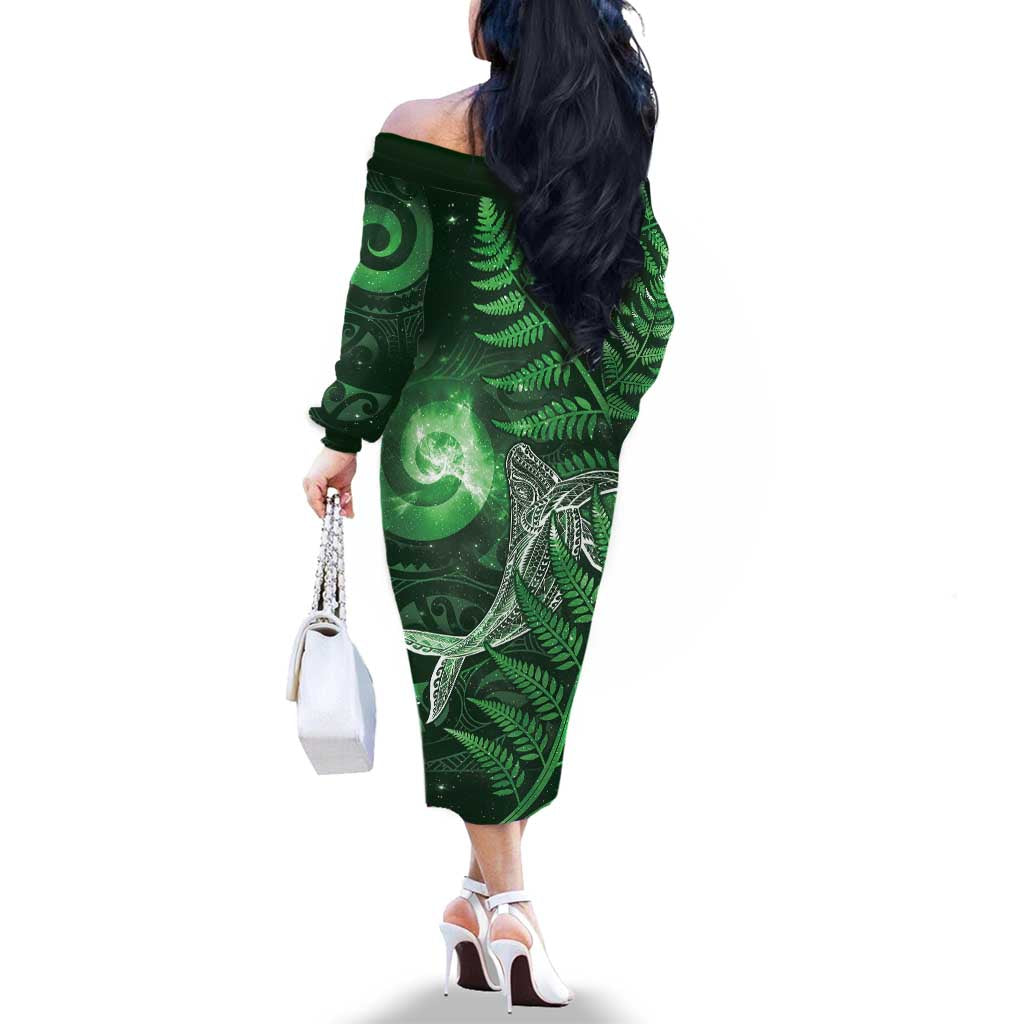 New Zealand Matariki Family Matching Off The Shoulder Long Sleeve Dress and Hawaiian Shirt Maori Koru With Humpback Whale Green LT05 - Polynesian Pride