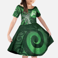 New Zealand Matariki Family Matching Off Shoulder Maxi Dress and Hawaiian Shirt Maori Koru With Humpback Whale Green LT05 Daughter's Dress Green - Polynesian Pride