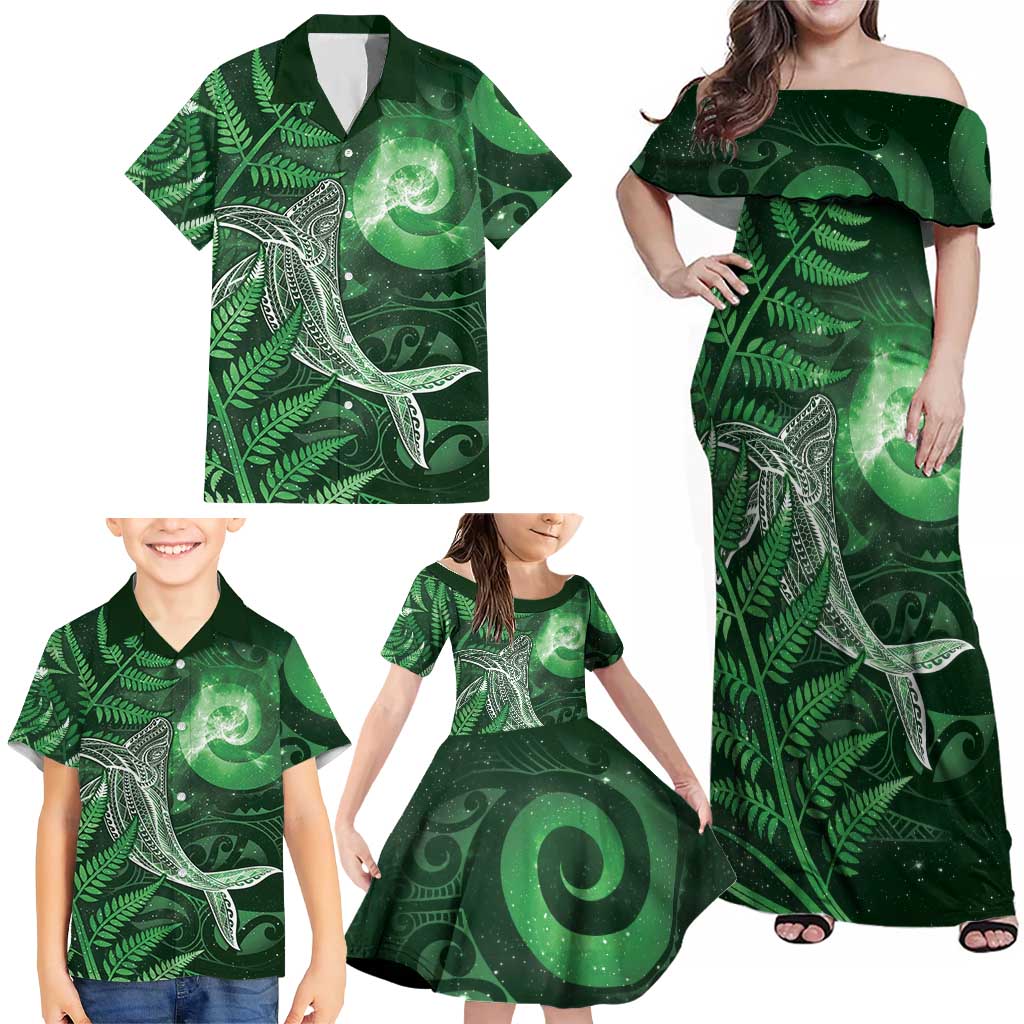 New Zealand Matariki Family Matching Off Shoulder Maxi Dress and Hawaiian Shirt Maori Koru With Humpback Whale Green