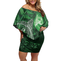 New Zealand Matariki Family Matching Off Shoulder Short Dress and Hawaiian Shirt Maori Koru With Humpback Whale Green LT05 Mom's Dress Green - Polynesian Pride