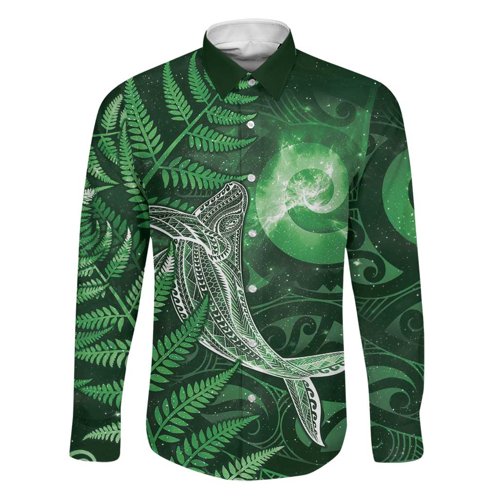New Zealand Matariki Family Matching Puletasi and Hawaiian Shirt Maori Koru With Humpback Whale Green LT05 Dad's Shirt - Long Sleeve Green - Polynesian Pride