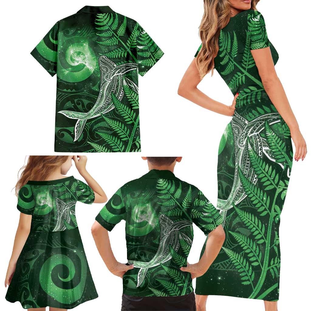 New Zealand Matariki Family Matching Short Sleeve Bodycon Dress and Hawaiian Shirt Maori Koru With Humpback Whale Green LT05 - Polynesian Pride