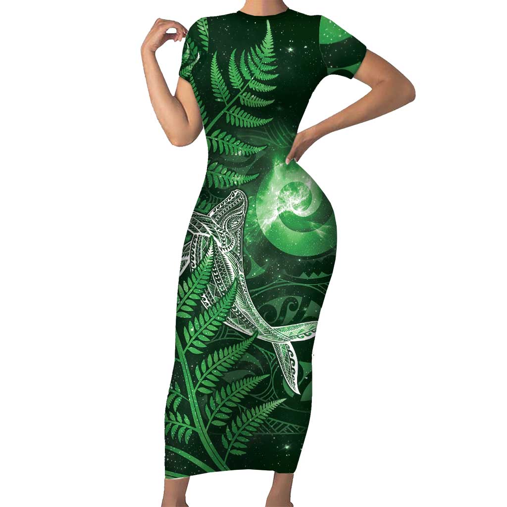 New Zealand Matariki Family Matching Short Sleeve Bodycon Dress and Hawaiian Shirt Maori Koru With Humpback Whale Green LT05 Mom's Dress Green - Polynesian Pride