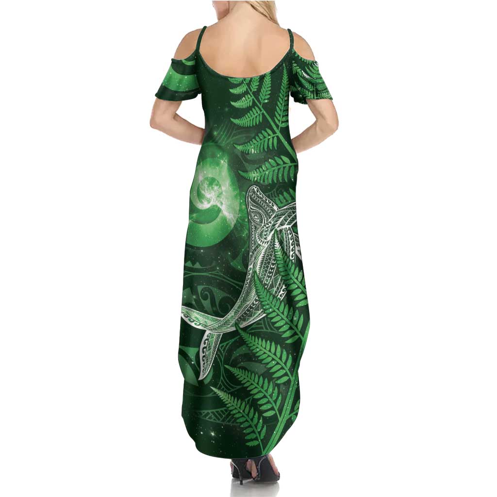 New Zealand Matariki Family Matching Summer Maxi Dress and Hawaiian Shirt Maori Koru With Humpback Whale Green LT05 - Polynesian Pride