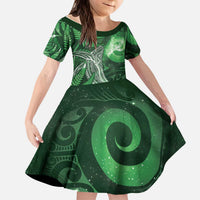 New Zealand Matariki Kid Short Sleeve Dress Maori Koru With Humpback Whale Green LT05 KID Green - Polynesian Pride