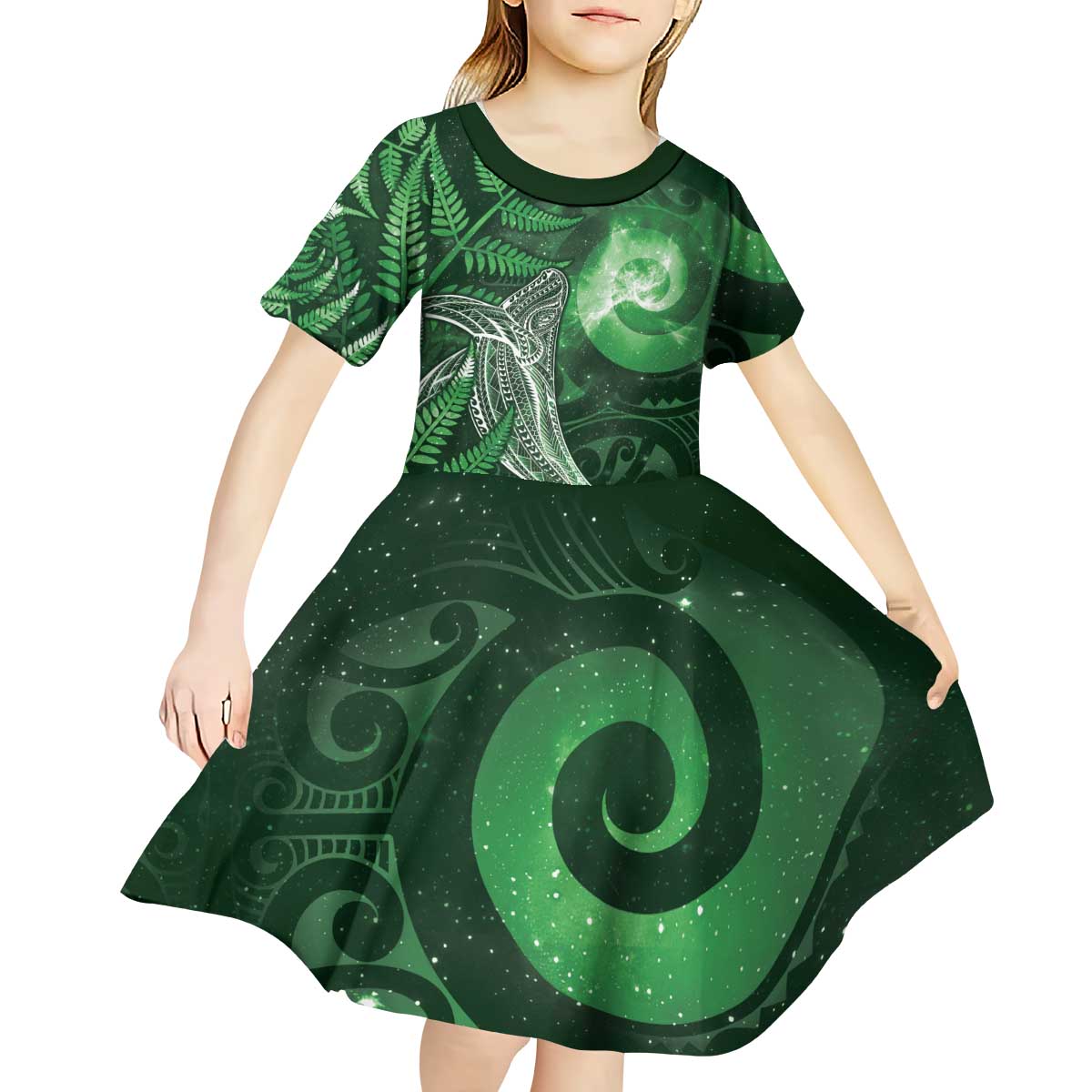New Zealand Matariki Kid Short Sleeve Dress Maori Koru With Humpback Whale Green LT05 - Polynesian Pride