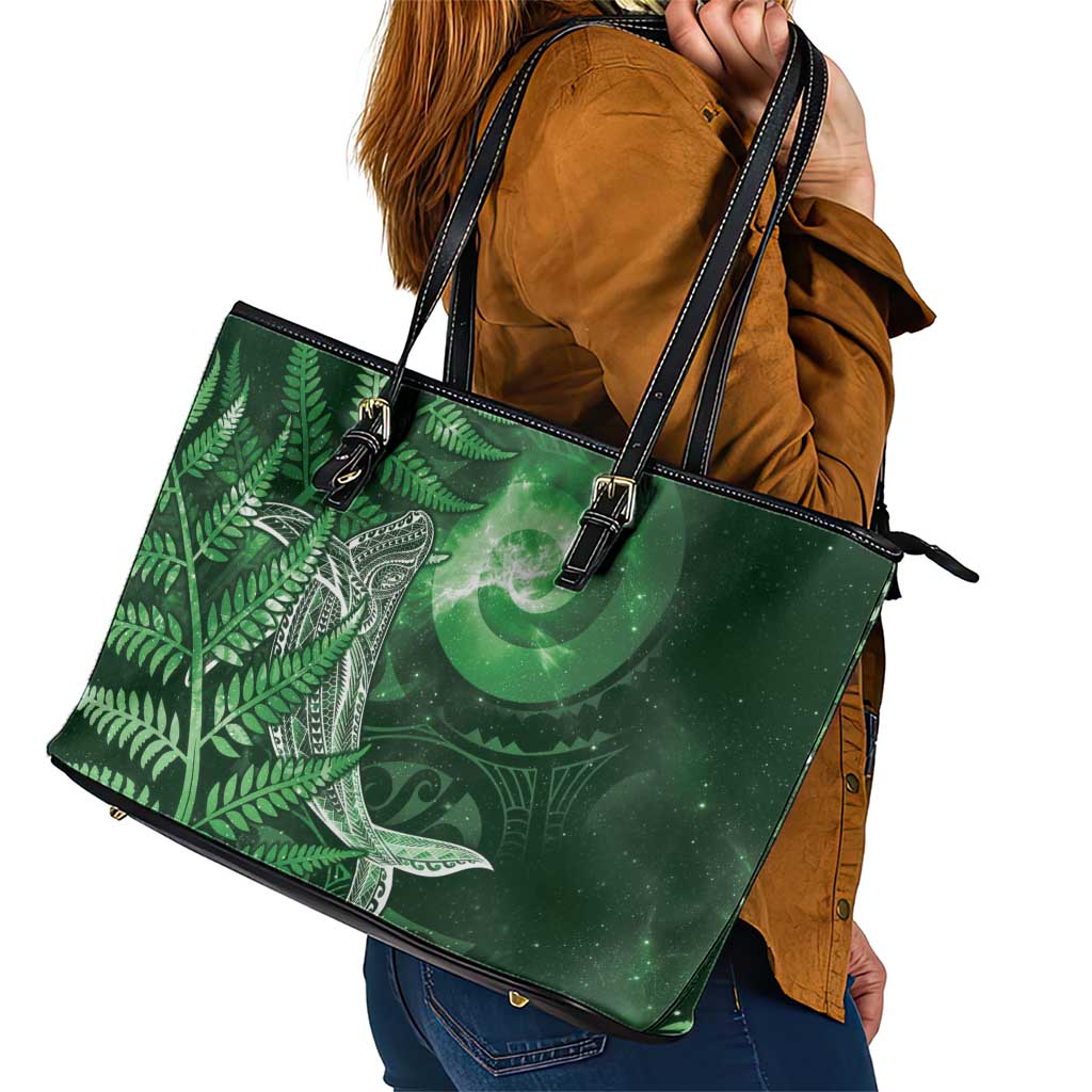 New Zealand Matariki Leather Tote Bag Maori Koru With Humpback Whale Green