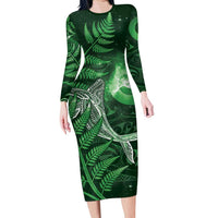 New Zealand Matariki Long Sleeve Bodycon Dress Maori Koru With Humpback Whale Green LT05 Long Dress Green - Polynesian Pride