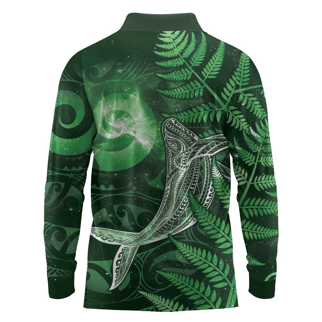 New Zealand Matariki Long Sleeve Polo Shirt Maori Koru With Humpback Whale Green LT05 - Polynesian Pride