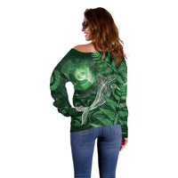 New Zealand Matariki Off Shoulder Sweater Maori Koru With Humpback Whale Green