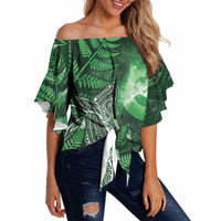 New Zealand Matariki Off Shoulder Wrap Waist Top Maori Koru With Humpback Whale Green LT05 - Polynesian Pride