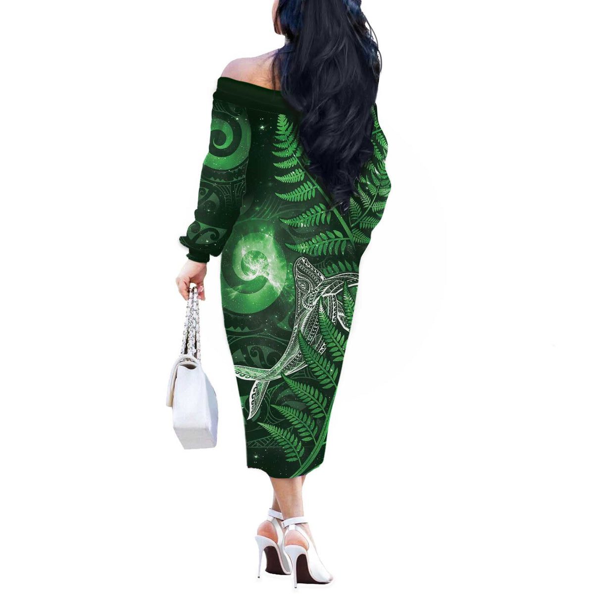 New Zealand Matariki Off The Shoulder Long Sleeve Dress Maori Koru With Humpback Whale Green LT05 - Polynesian Pride