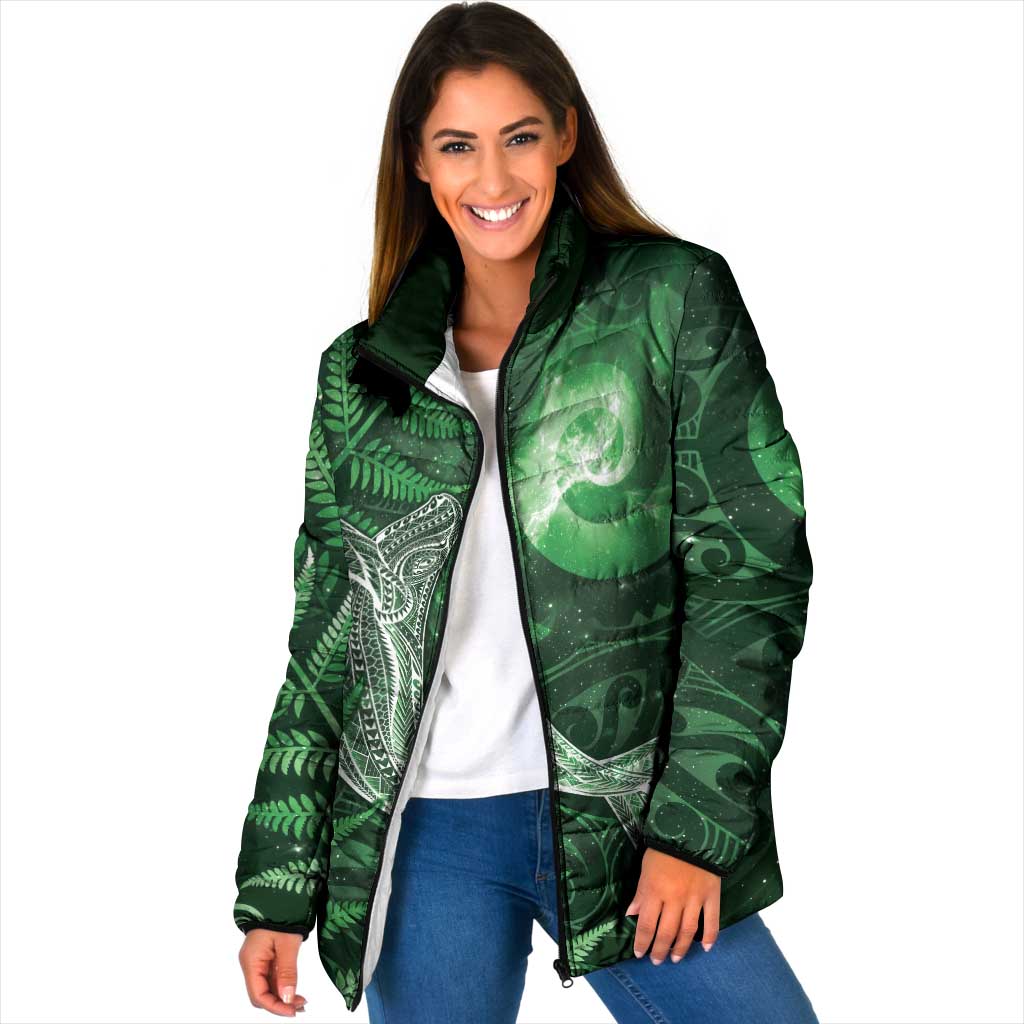 New Zealand Matariki Padded Jacket Maori Koru With Humpback Whale Green LT05 Women Green - Polynesian Pride