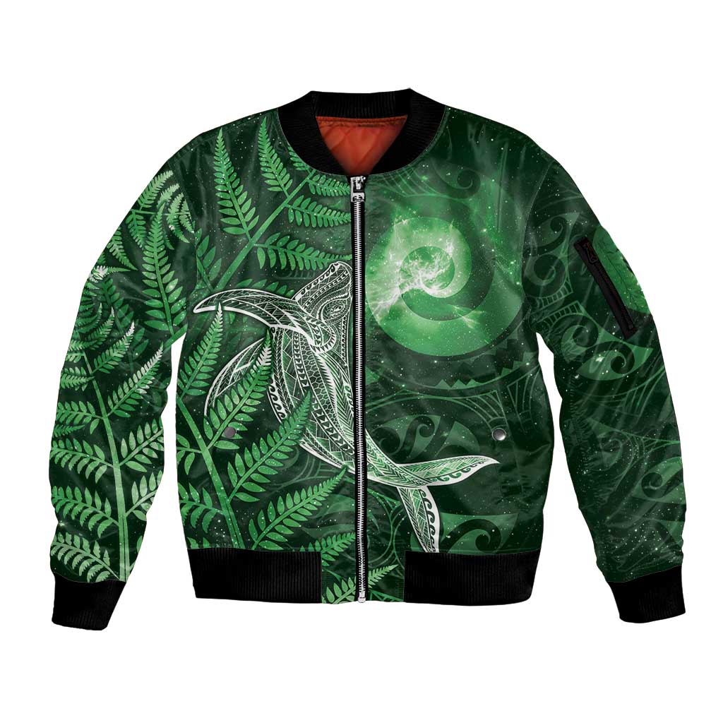 New Zealand Matariki Sleeve Zip Bomber Jacket Maori Koru With Humpback Whale Green LT05 Unisex Green - Polynesian Pride