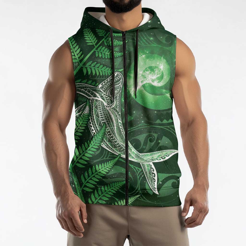 New Zealand Matariki Sleeveless Zip Hoodie Maori Koru With Humpback Whale Green LT05 - Polynesian Pride