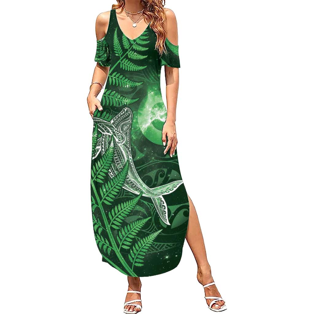 New Zealand Matariki Summer Maxi Dress Maori Koru With Humpback Whale Green