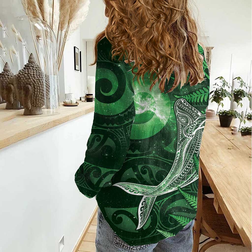 New Zealand Matariki Women Casual Shirt Maori Koru With Humpback Whale Green LT05 - Polynesian Pride