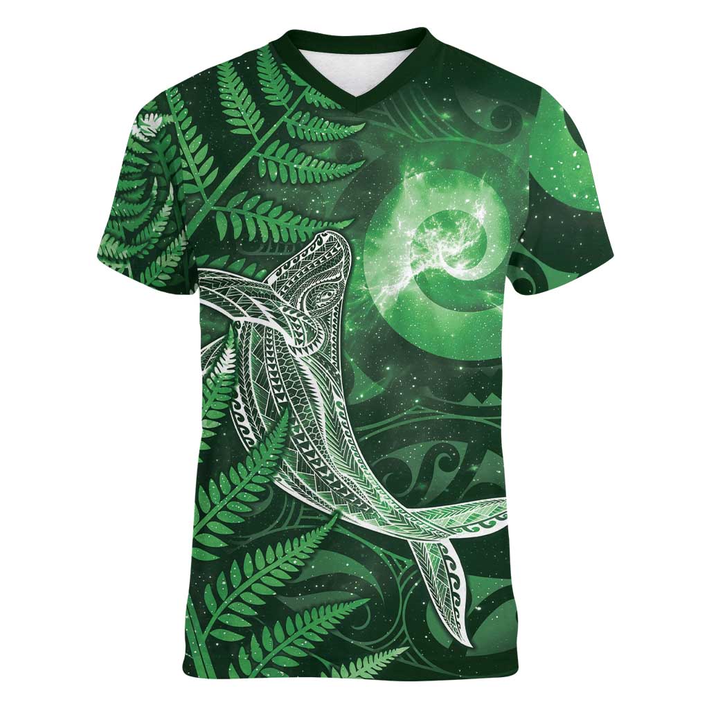 New Zealand Matariki Women V-Neck T-Shirt Maori Koru With Humpback Whale Green LT05 Female Green - Polynesian Pride