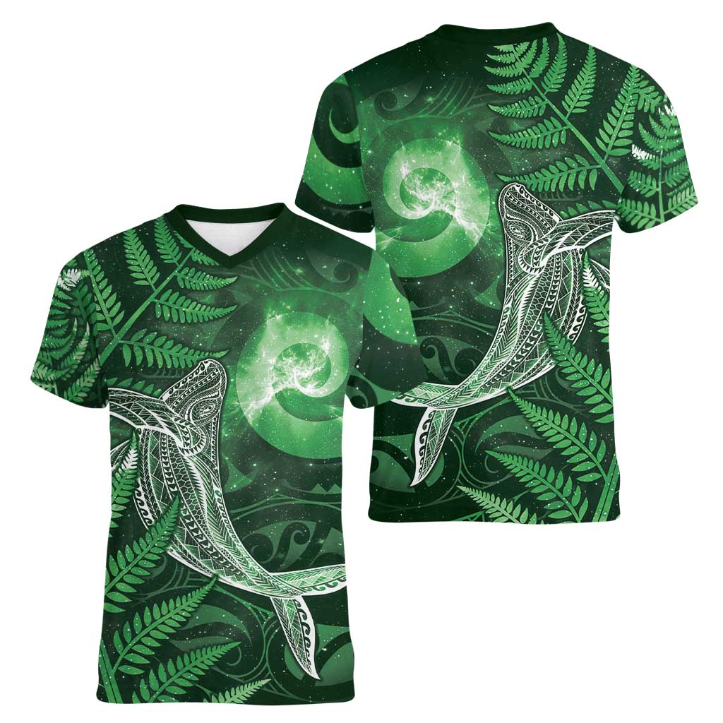New Zealand Matariki Women V-Neck T-Shirt Maori Koru With Humpback Whale Green LT05 - Polynesian Pride