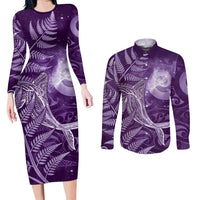 New Zealand Matariki Couples Matching Long Sleeve Bodycon Dress and Long Sleeve Button Shirt Maori Koru With Humpback Whale Purple LT05 Purple - Polynesian Pride