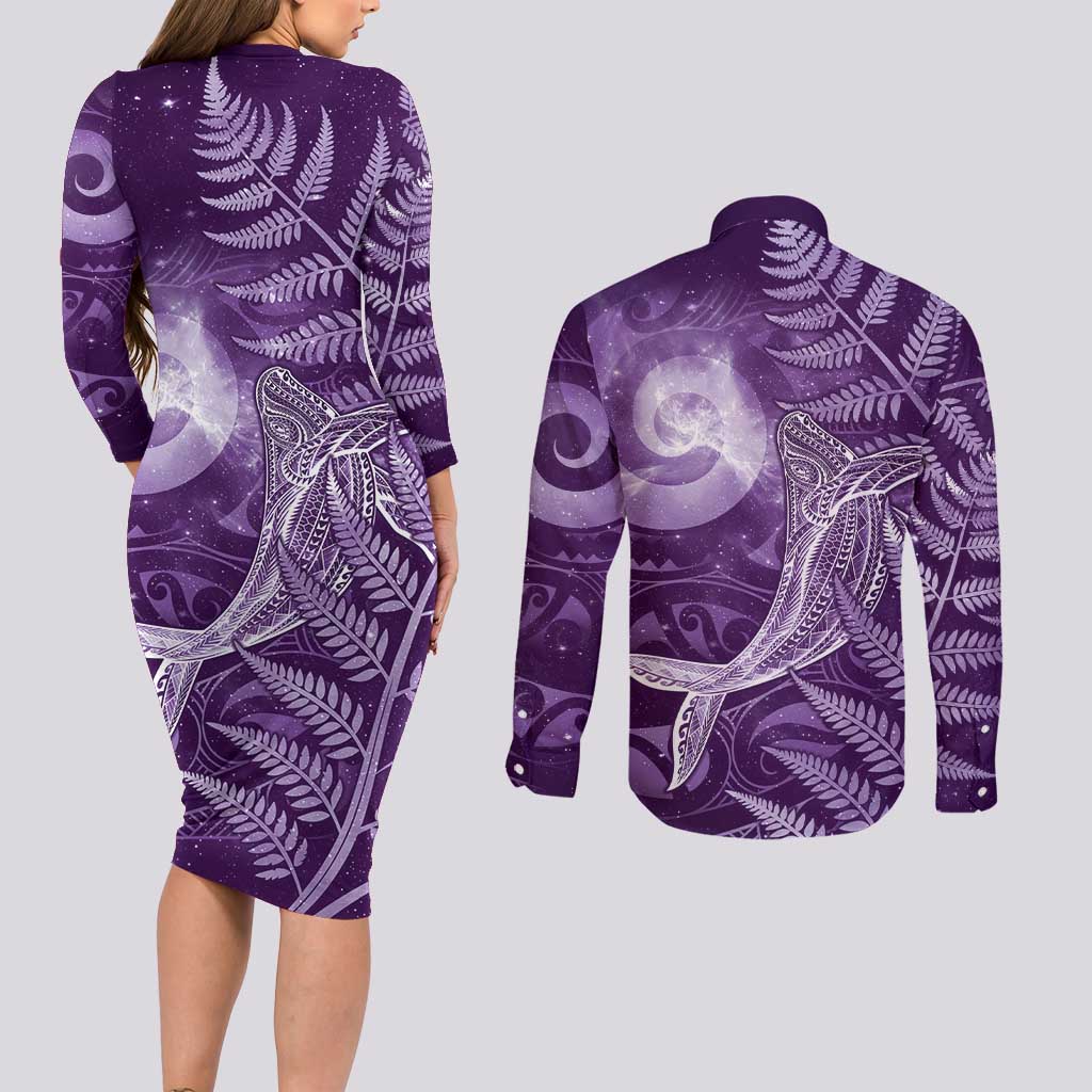 New Zealand Matariki Couples Matching Long Sleeve Bodycon Dress and Long Sleeve Button Shirt Maori Koru With Humpback Whale Purple LT05 - Polynesian Pride