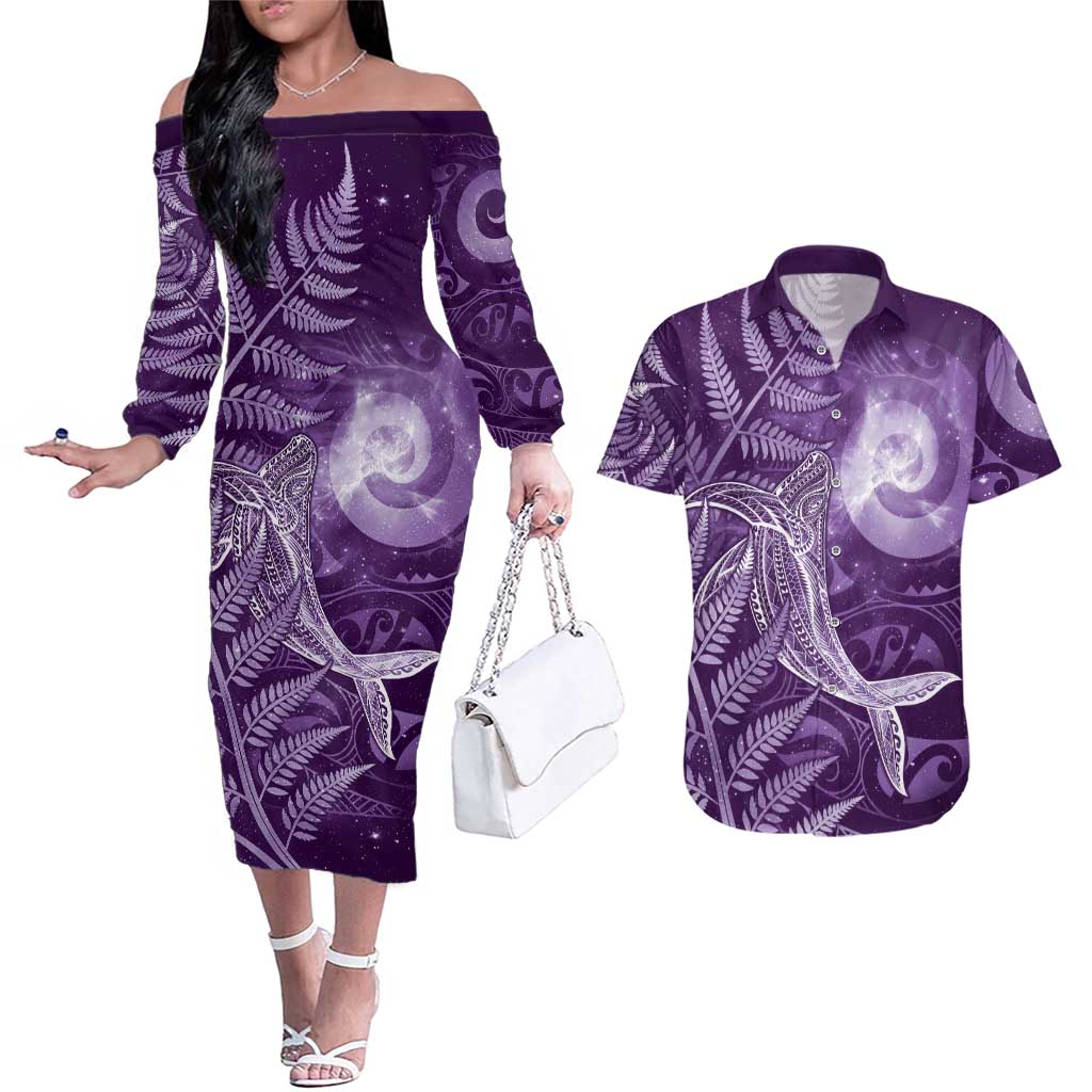 New Zealand Matariki Couples Matching Off The Shoulder Long Sleeve Dress and Hawaiian Shirt Maori Koru With Humpback Whale Purple LT05 Purple - Polynesian Pride