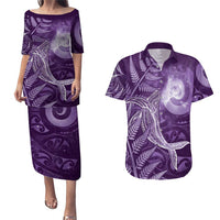 New Zealand Matariki Couples Matching Puletasi and Hawaiian Shirt Maori Koru With Humpback Whale Purple LT05 Purple - Polynesian Pride
