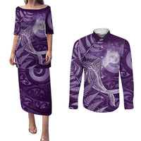 New Zealand Matariki Couples Matching Puletasi and Long Sleeve Button Shirt Maori Koru With Humpback Whale Purple LT05 Purple - Polynesian Pride