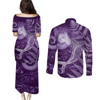 New Zealand Matariki Couples Matching Puletasi and Long Sleeve Button Shirt Maori Koru With Humpback Whale Purple LT05 - Polynesian Pride