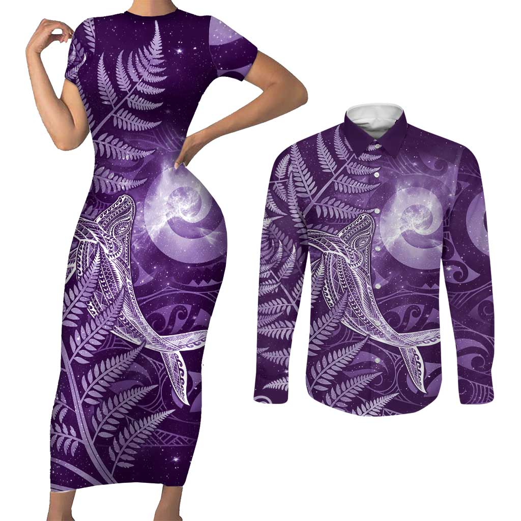 New Zealand Matariki Couples Matching Short Sleeve Bodycon Dress and Long Sleeve Button Shirt Maori Koru With Humpback Whale Purple
