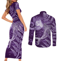 New Zealand Matariki Couples Matching Short Sleeve Bodycon Dress and Long Sleeve Button Shirt Maori Koru With Humpback Whale Purple LT05 - Polynesian Pride