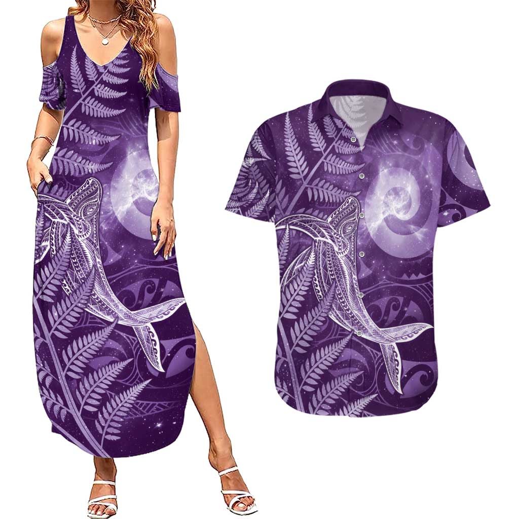 New Zealand Matariki Couples Matching Summer Maxi Dress and Hawaiian Shirt Maori Koru With Humpback Whale Purple LT05 Purple - Polynesian Pride