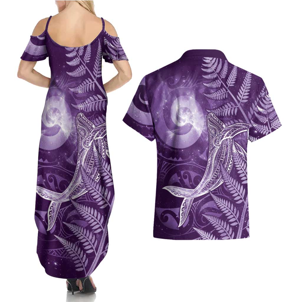 New Zealand Matariki Couples Matching Summer Maxi Dress and Hawaiian Shirt Maori Koru With Humpback Whale Purple LT05 - Polynesian Pride