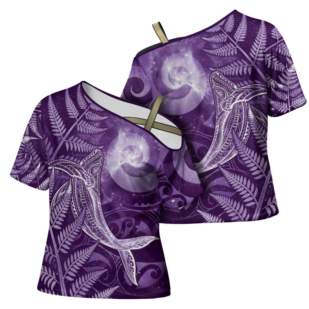 New Zealand Matariki Cross Shoulder Shirt Maori Koru With Humpback Whale Purple LT05 - Polynesian Pride