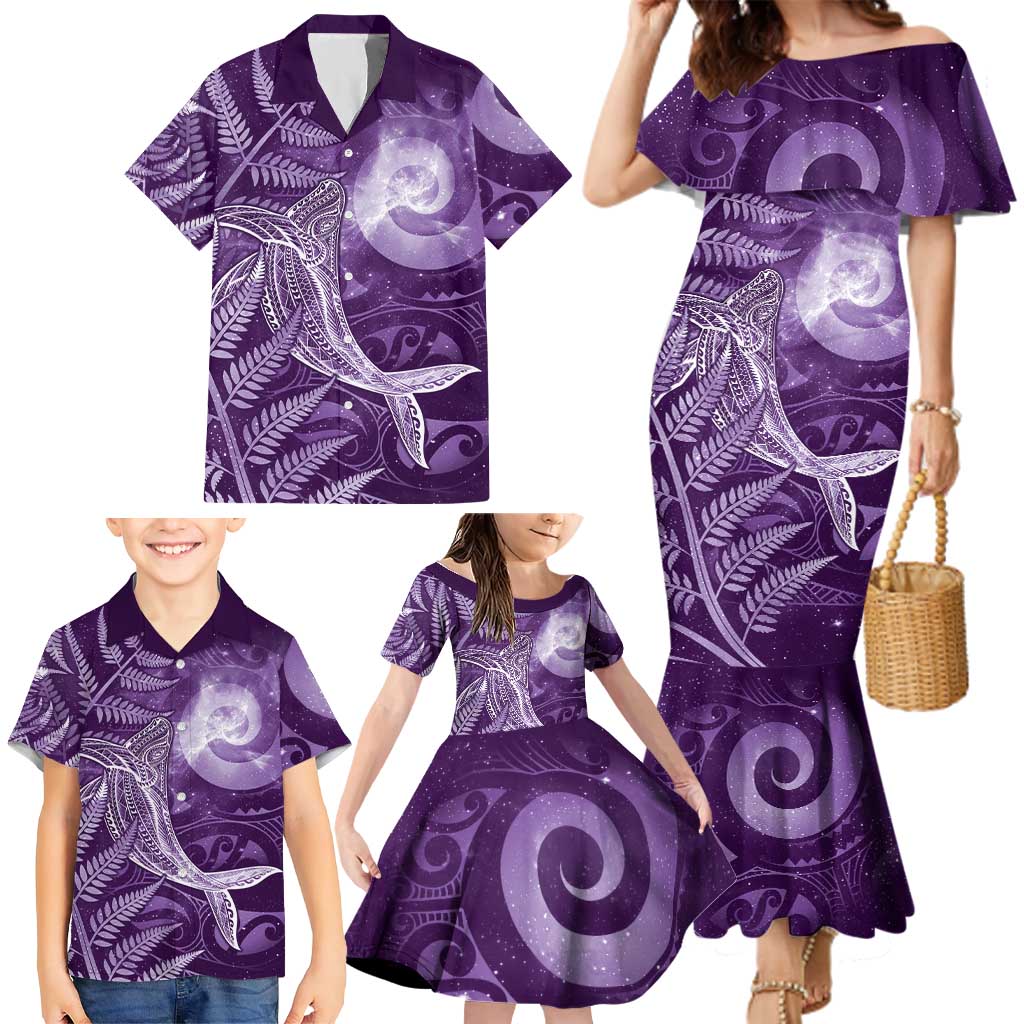 New Zealand Matariki Family Matching Mermaid Dress and Hawaiian Shirt Maori Koru With Humpback Whale Purple