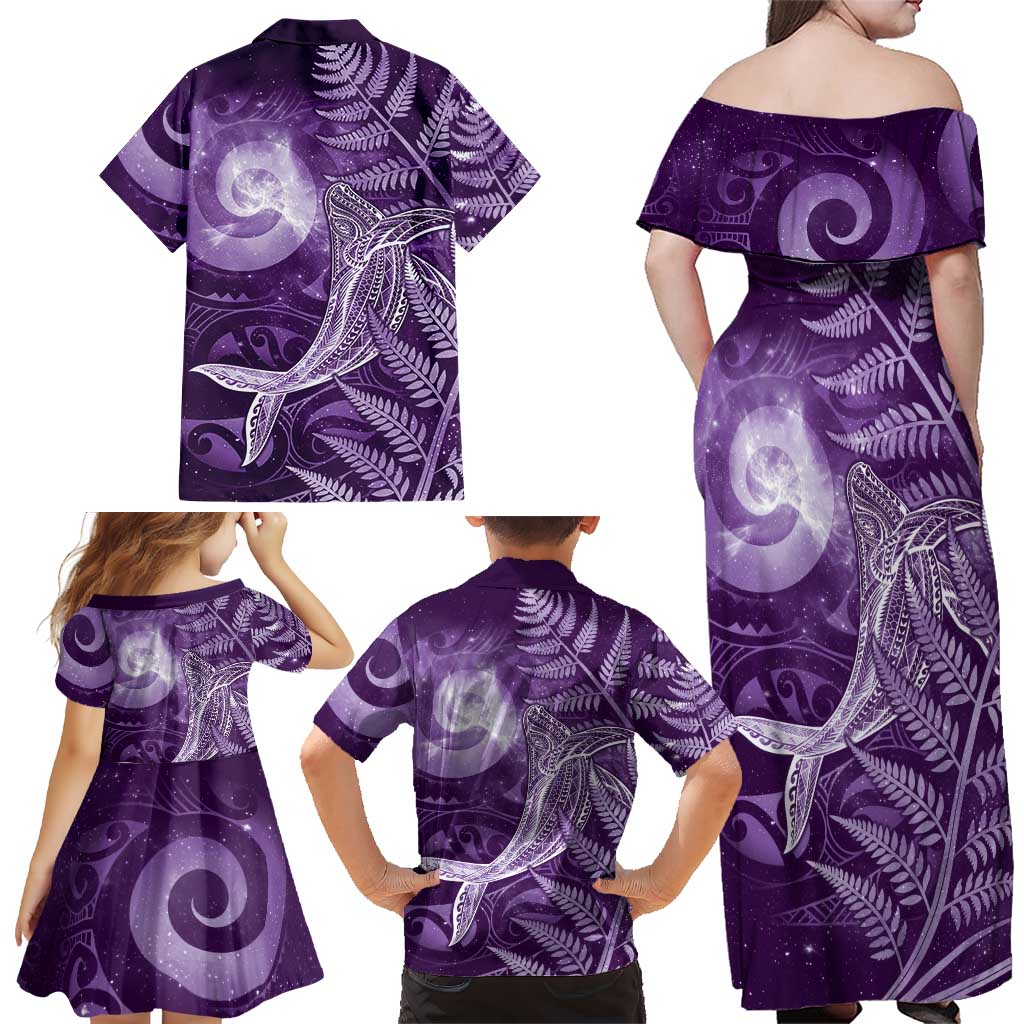 New Zealand Matariki Family Matching Off Shoulder Maxi Dress and Hawaiian Shirt Maori Koru With Humpback Whale Purple LT05 - Polynesian Pride