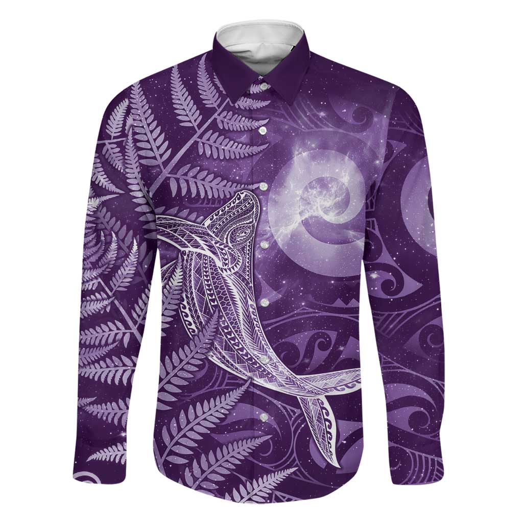 New Zealand Matariki Family Matching Off Shoulder Maxi Dress and Hawaiian Shirt Maori Koru With Humpback Whale Purple LT05 Dad's Shirt - Long Sleeve Purple - Polynesian Pride