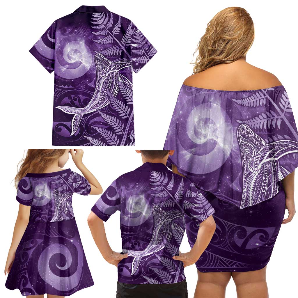 New Zealand Matariki Family Matching Off Shoulder Short Dress and Hawaiian Shirt Maori Koru With Humpback Whale Purple LT05 - Polynesian Pride