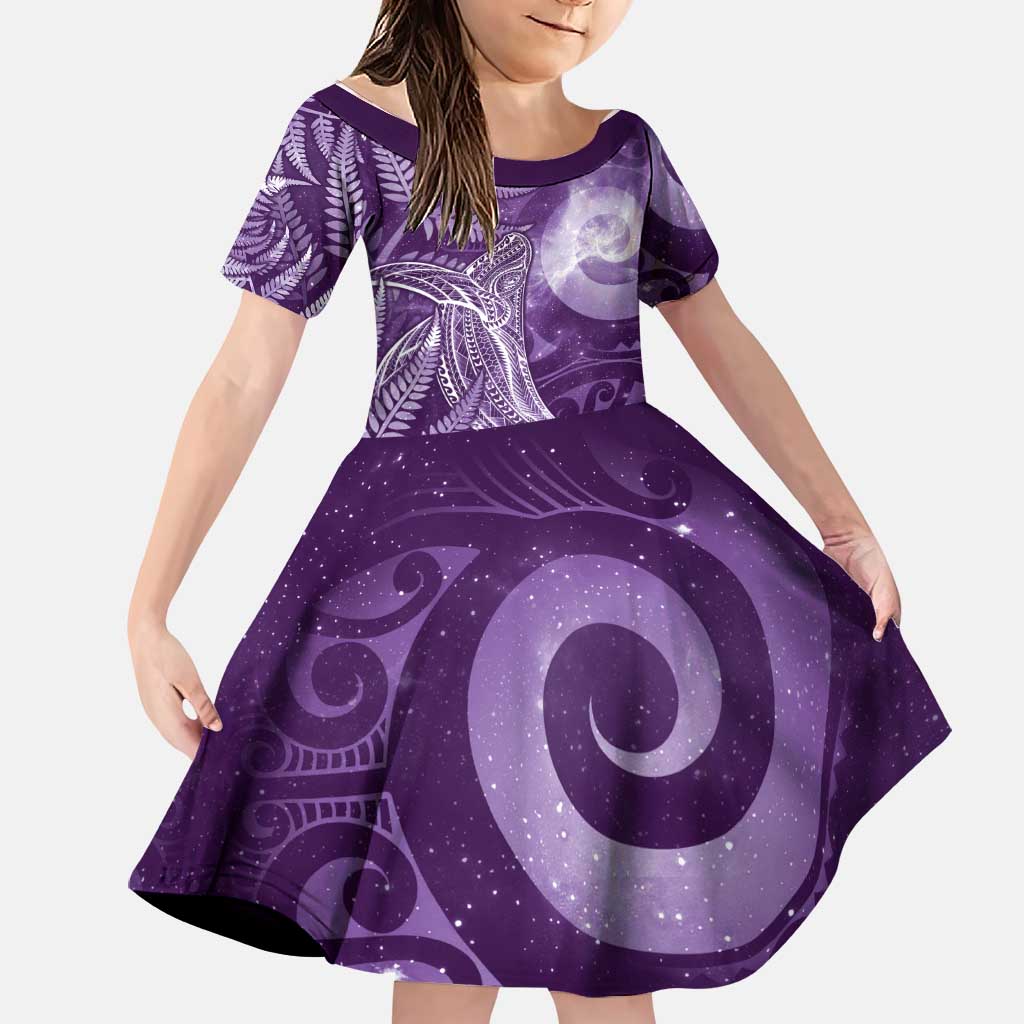New Zealand Matariki Family Matching Summer Maxi Dress and Hawaiian Shirt Maori Koru With Humpback Whale Purple LT05 Daughter's Dress Purple - Polynesian Pride