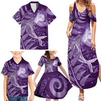 New Zealand Matariki Family Matching Summer Maxi Dress and Hawaiian Shirt Maori Koru With Humpback Whale Purple LT05 - Polynesian Pride