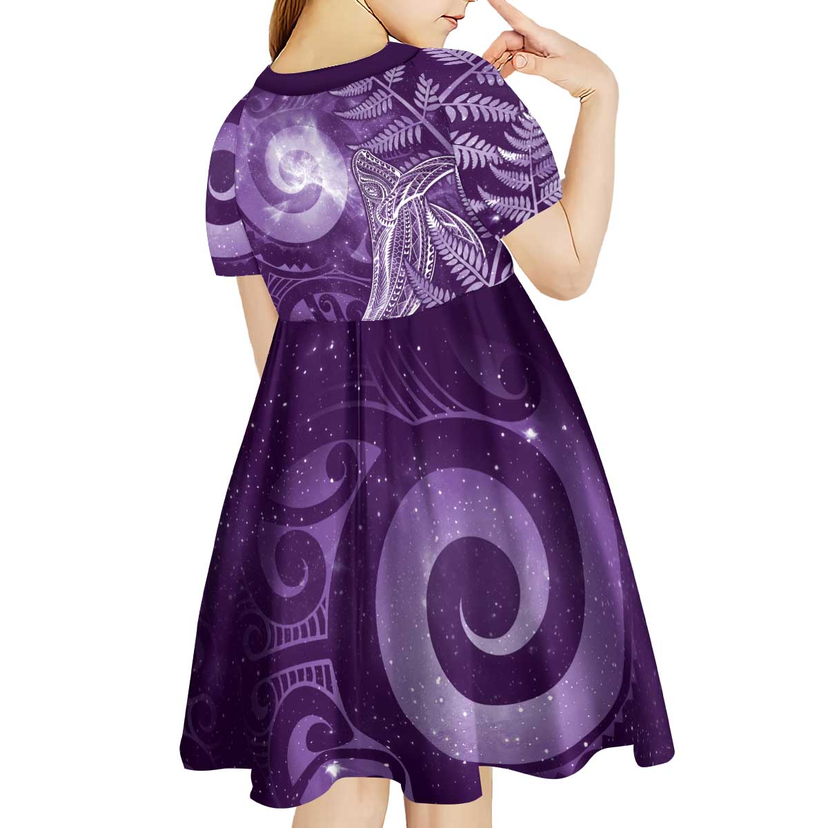 New Zealand Matariki Kid Short Sleeve Dress Maori Koru With Humpback Whale Purple LT05 - Polynesian Pride