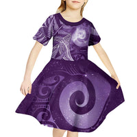 New Zealand Matariki Kid Short Sleeve Dress Maori Koru With Humpback Whale Purple LT05 - Polynesian Pride
