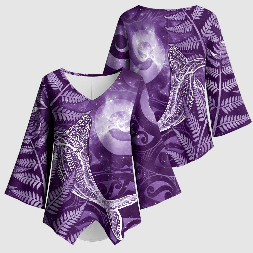 New Zealand Matariki Kimono Sleeve Blouse Maori Koru With Humpback Whale Purple