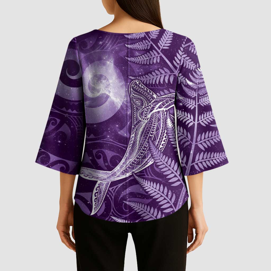 New Zealand Matariki Kimono Sleeve Blouse Maori Koru With Humpback Whale Purple